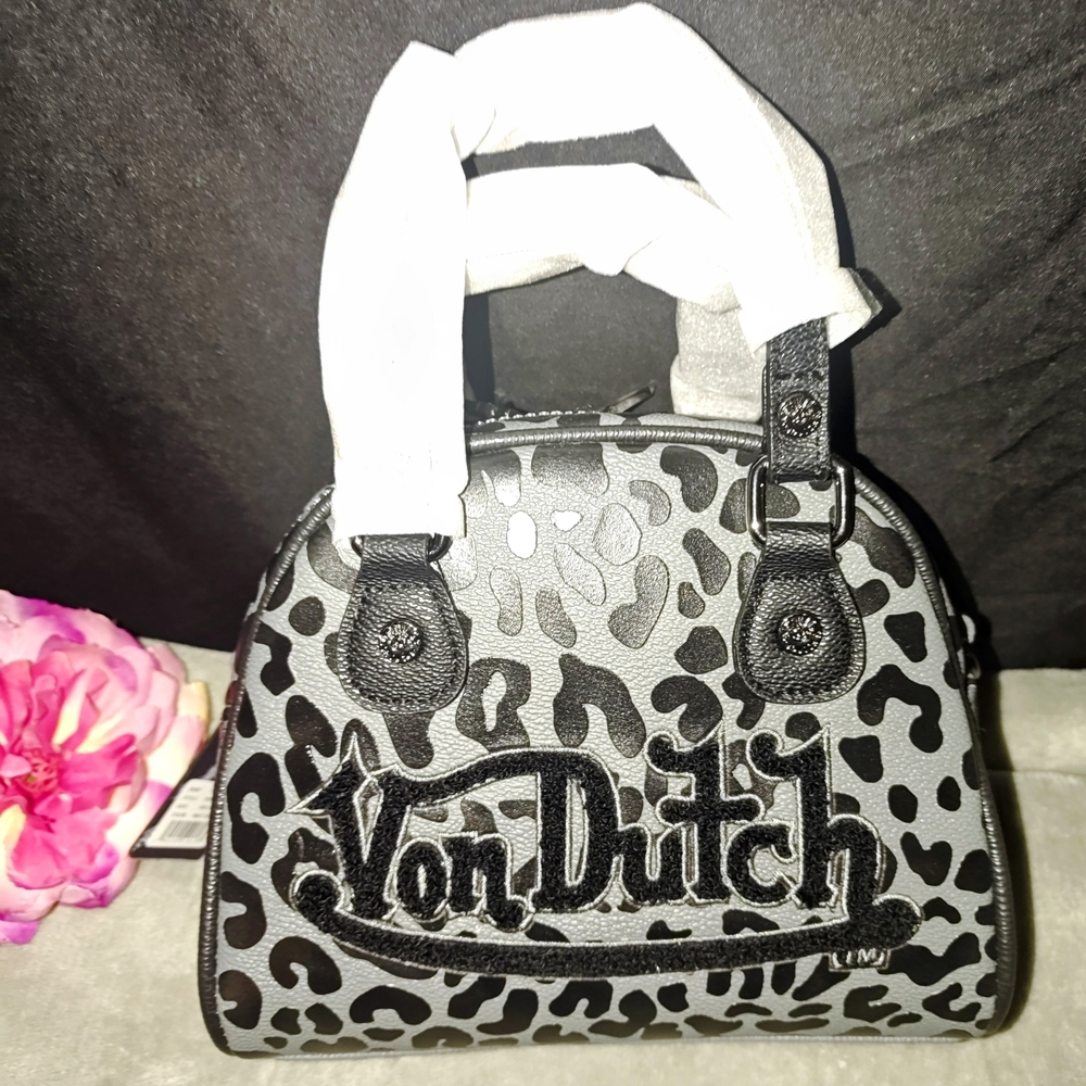 Von Dutch Black and Gray Cheetah Bowling Bag